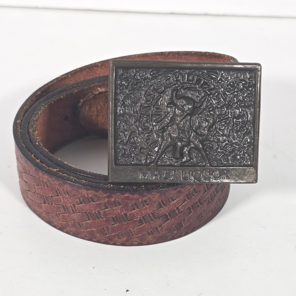 Schlitz Malt Liquor Belt‎ Mens Size 46 Brown Leather Basketweave Vtg Buckle Beer